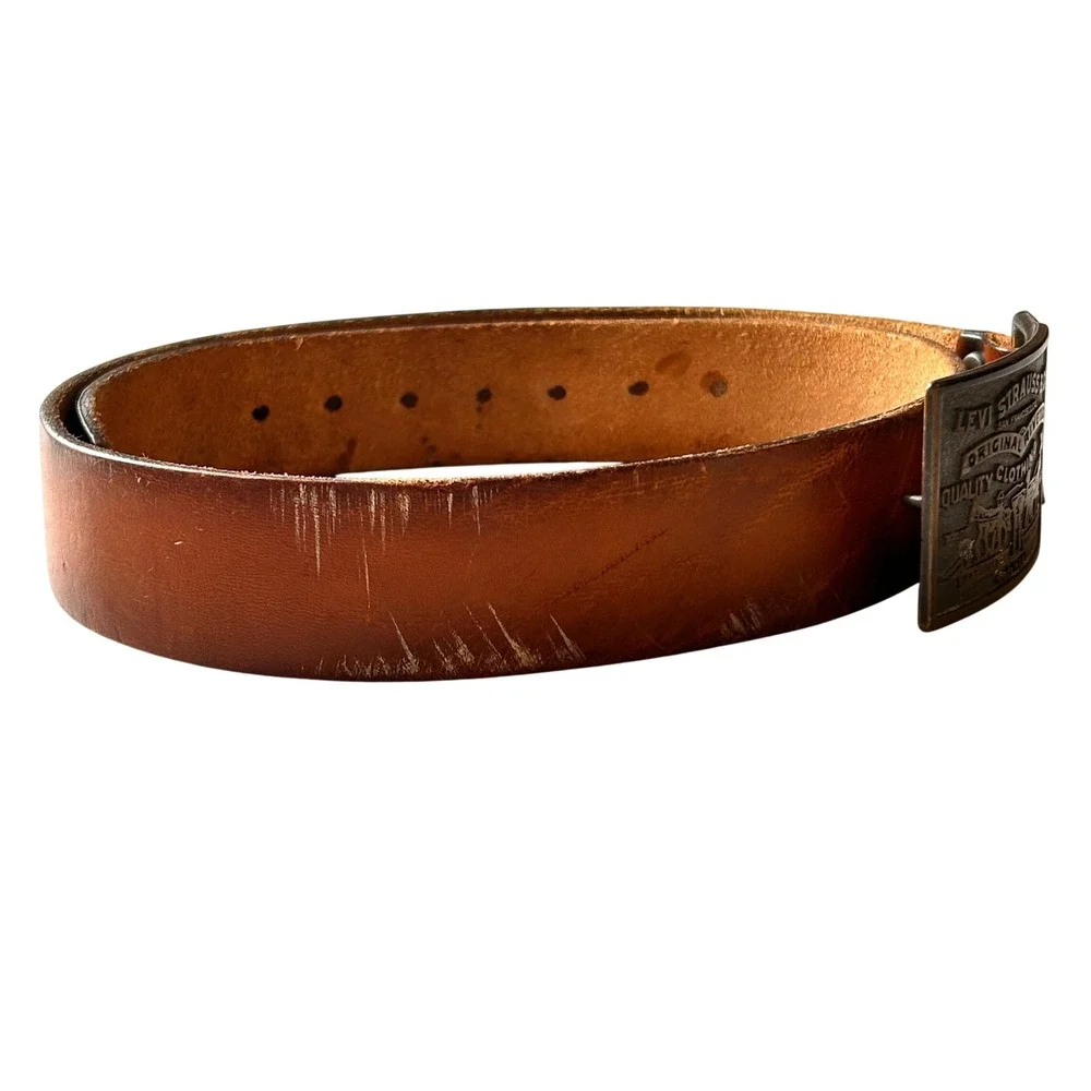 Levi‎ Strauss Leather Belt 32 Brown Vintage Plaque Buckle Made in USA